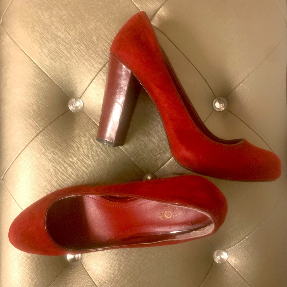Burgundy suede patent leather heels